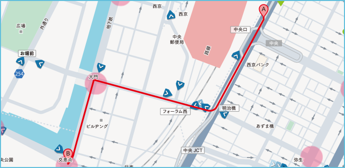検索したルート周辺の急ブレーキ多発地点