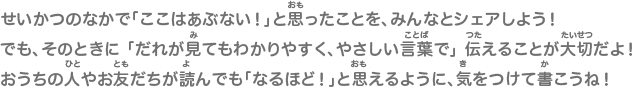 せいかつのなかで「ここはあぶない！」と思ったことを、みんなとシェアしよう！でも、そのときに 「だれが見てもわかりやすく、やさしい言葉で」 伝えることが大切だよ！おうちの人やお友だちが読んでも「なるほど！」と思えるように、気をつけて書こうね！